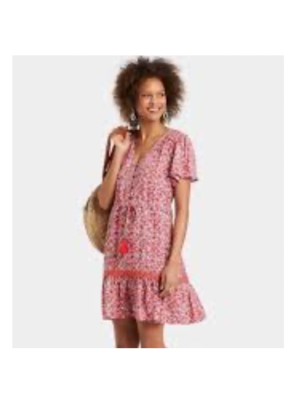 Knox Rose Floral Mini Dress Sz M Tie Waist V-Neck Button Pockets Tiered Hem Boho